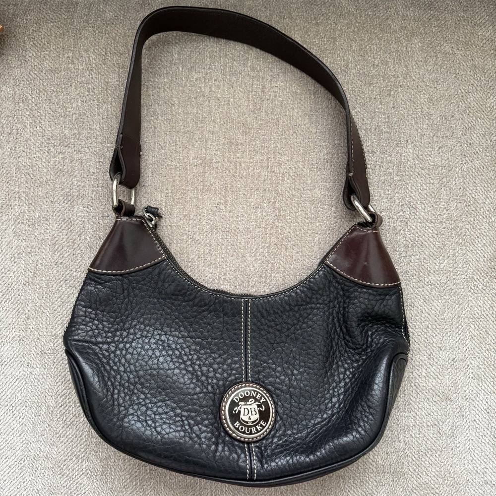 Vintage Dooney & Bourke Black Pebble Brown Flat Leather Hobo Shoulder Bag‎ Y2K